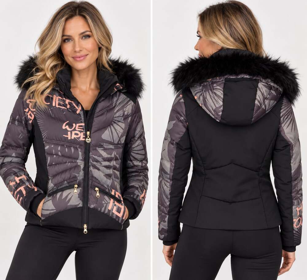 High Society Ski Jacket Faux Fur Size 38 Black Print
